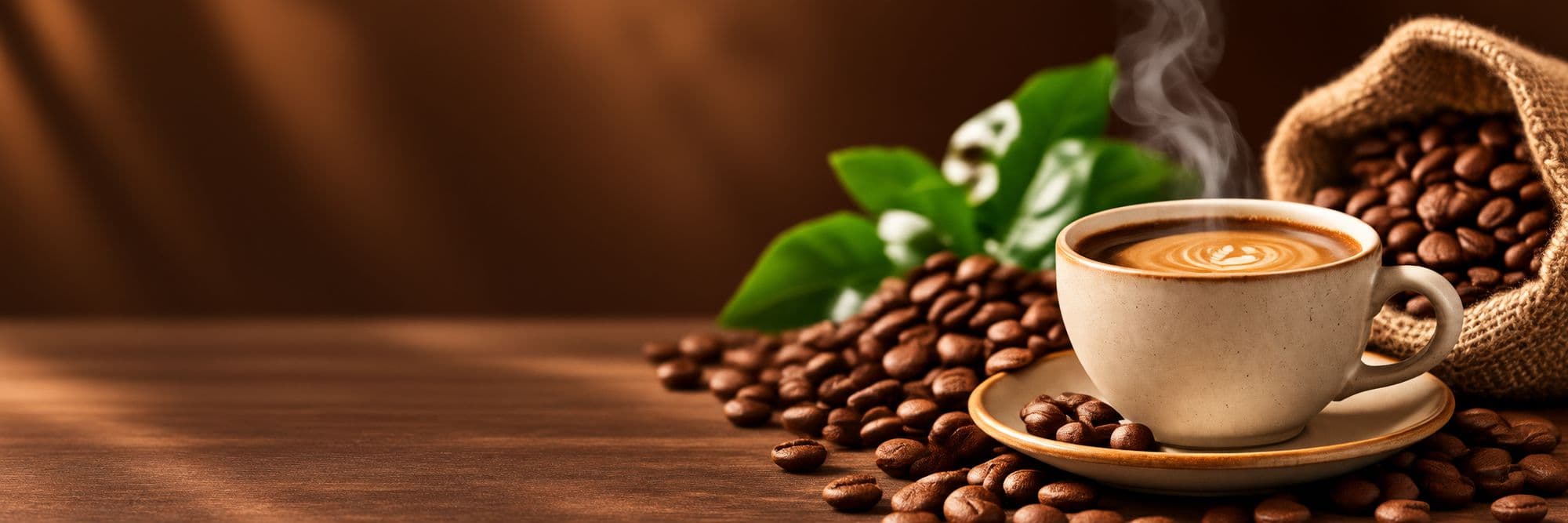 A latte in a ceramic cup beside a sack of coffee beans and coffee leaves