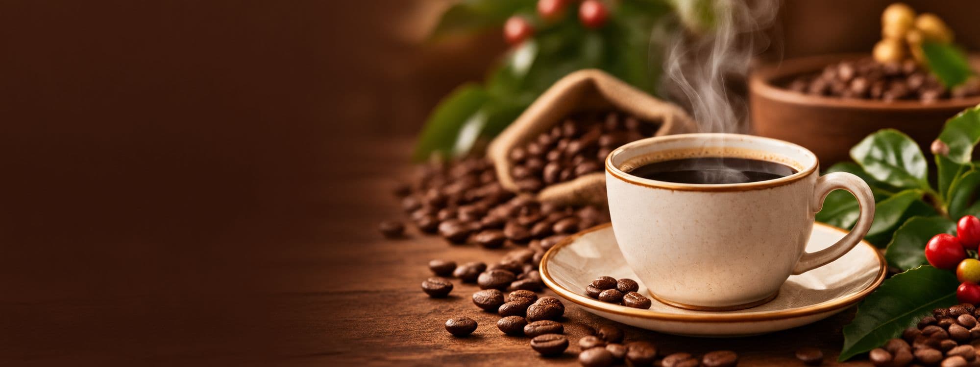 A steaming cup of coffee on a saucer with coffee beans and coffee leaves