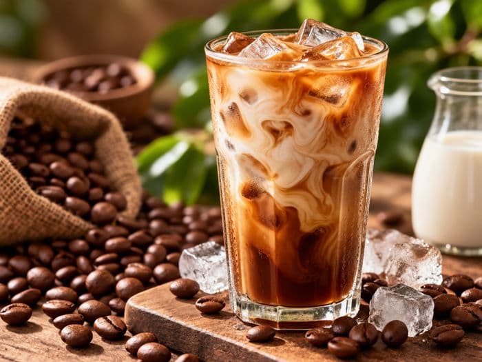 A tall glass of iced coffee with milk