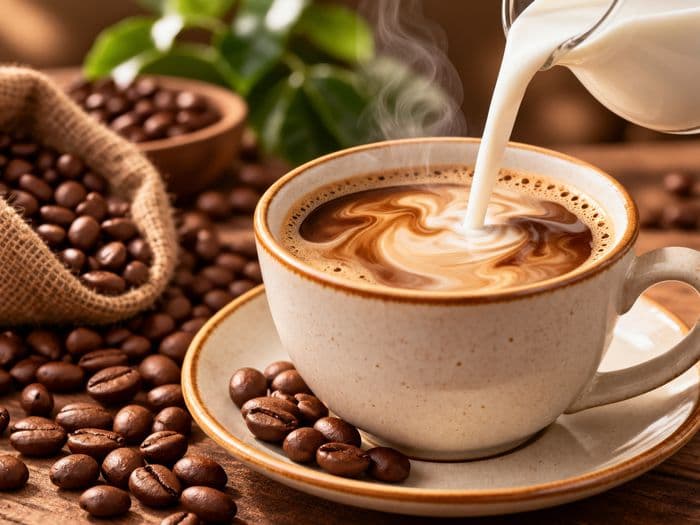 Milk being poured into a cup of coffee