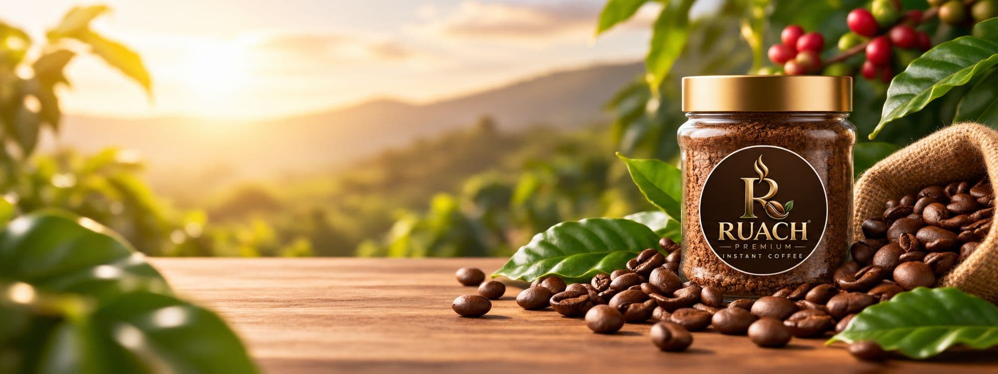 A Ruach Premium Instant Coffee jar among coffee beans and leaves at sunrise