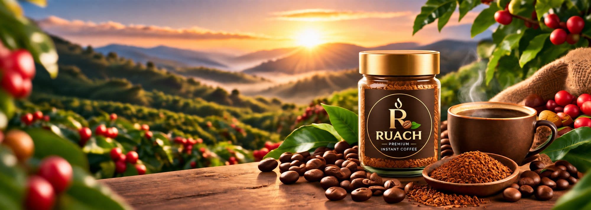 Ruach Premium Instant Coffee jar and a steaming cup on a table, with a coffee farm at sunrise behind