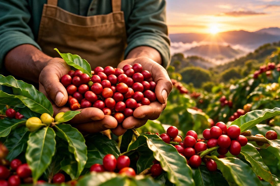 Hands holding freshly picked red coffee cherries on a farm at sunrise